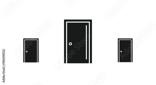 Three black doors against a white background a stark silhouette