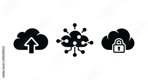 Cloud computing icons displaying upload network and security silhouette