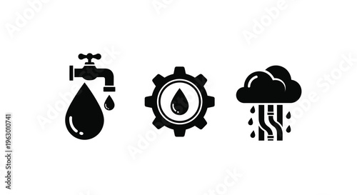 Water cycle icons depicting rain gears and a tap silhouette
