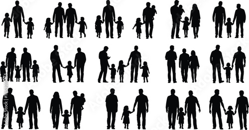 Collection of family silhouettes featuring adults and children in diverse groupings, walking, standing, holding hands, and interacting, perfect for parenting, education, inclusivity, and social design