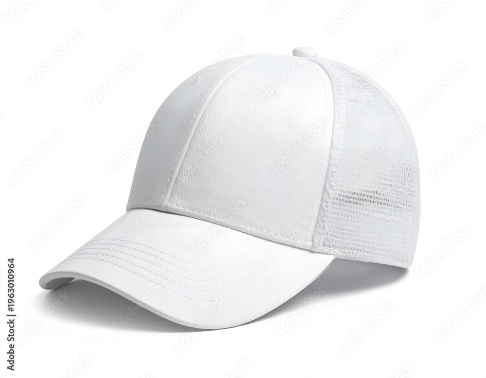 Fototapeta premium A white baseball cap with a mesh back and curved brim