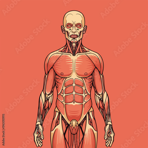 Artistic depiction of a human muscular system, red background