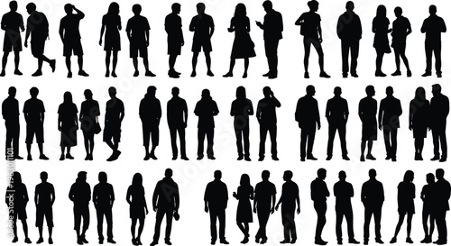 Large collection of diverse human silhouettes featuring adults and children in various poses, walking, standing, and interacting, ideal for social design, diversity, and illustration projects.