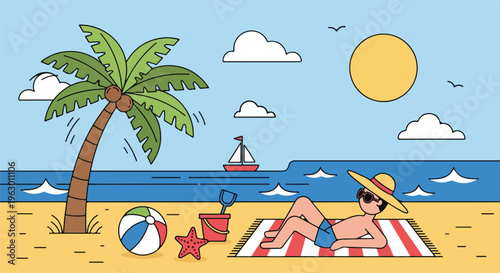 Animated beach scene with a person sunbathing and a palm tree