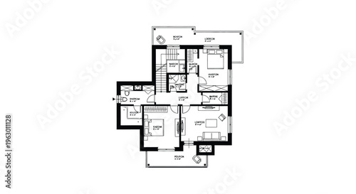 Detailed architectural floor plan displaying a modern house layout silhouette