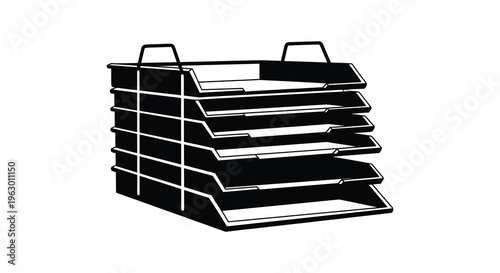 Black tiered desk organizer shown in a stark minimalist silhouette