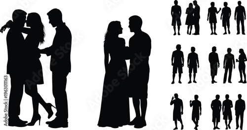 Silhouette collection of couples and groups in standing, walking, and expressive poses, showcasing human posture, gestures, and interactions for design, relationship, and creative illustration 