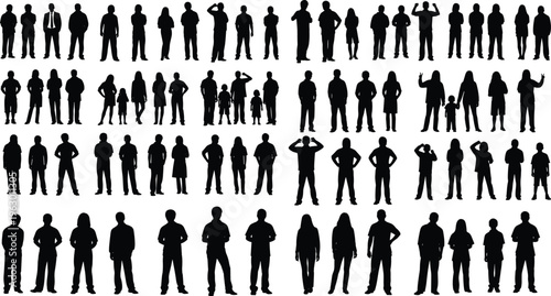 Silhouette collection of diverse people in standing, walking, and expressive poses, showcasing human posture, gestures, and movement for design, demographic, and creative illustration projects