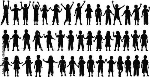 Silhouette collection of fifty‑four diverse children in standing, playful, and expressive poses, showcasing posture, gestures, and movement for design, education, and creative illustration projects