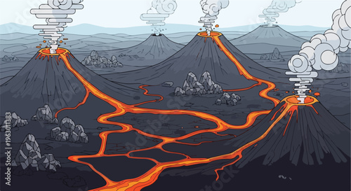 Animated illustration of volcanic eruption with lava and steam clouds