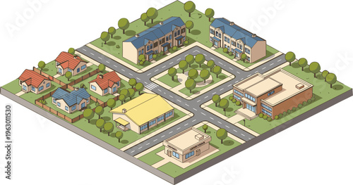 Modern Isometric City Block Diagram with Suburban Homes and Public Buildings