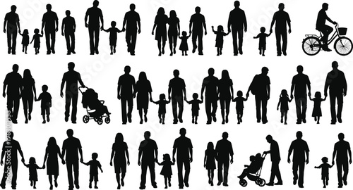 "Silhouette family figures with parents children strollers and bicycle, diverse people walking together, everyday lifestyle illustration for demographic design and educational materials"