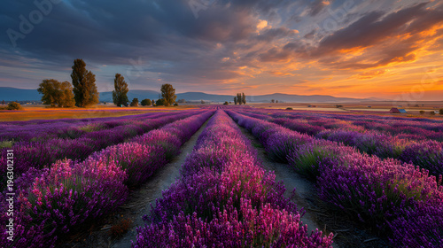 Breathtaking Lavender Fields at Sunset in Summer - Perfect for Posters and Wall Art