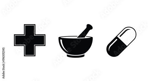 Medical icons depicting pharmacy health and medication silhouette