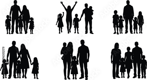 "Silhouette illustration of six family groups with adults and children in diverse poses including walking, holding hands, carrying, and standing together for design projects"