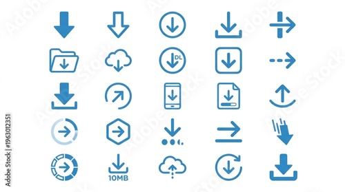 Collection of blue download and upload arrow icons on white background, representing data transfer and digital actions.
