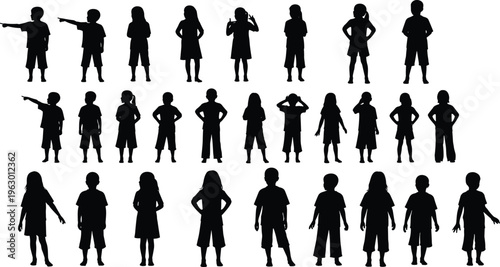 Silhouettes of children in diverse standing, pointing, and gesturing poses, showcasing varied postures, clothing outlines, and expressive movements for design, illustration, and educational resources