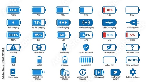 Collection of battery level icons showing various charge states and alerts