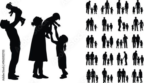 Silhouettes of diverse family groups with parents and children in various poses, black figures isolated on white background, concept of family bonding, relationships, and togetherness illustration
