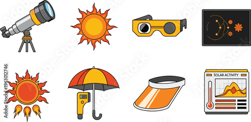 Set of 8 Solar Eclipse and Astronomy Icons Including Telescope, Glasses, Sun, Umbrella, and More for Science, Solar Observation, and Space Exploration Designs