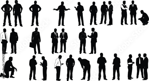 Silhouettes of diverse men in professional and casual poses, standing, gesturing, kneeling, and interacting, representing business attire, communication, teamwork, and character design concepts.