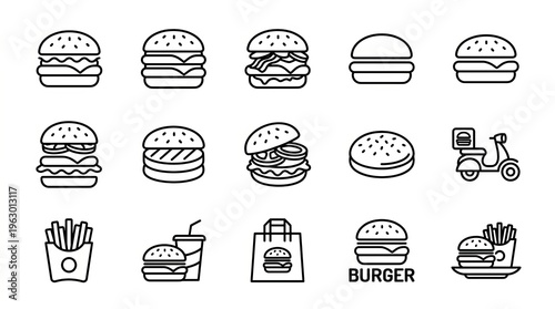 Collection of clean line art icons representing various burgers, fries, and delivery scooter.