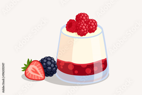 Layered berry yogurt parfait in glass with fresh strawberries and raspberries.