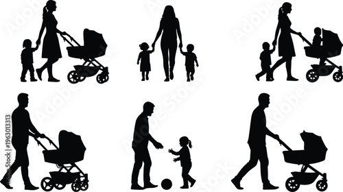 Silhouettes of parents and caregivers interacting with children, pushing strollers, walking, and playing, highlighting family activities and everyday moments for design, illustration, and educational