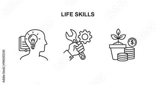 Life skills concepts illustrated with minimalist line art silhouette