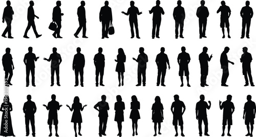 Silhouettes of thirty diverse people in different poses and clothing styles, walking, standing, gesturing, isolated on white background, concept of fashion, demographics, and social interaction