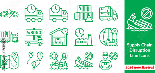 Supply Chain Disruption Line Icons – Logistics Crisis System