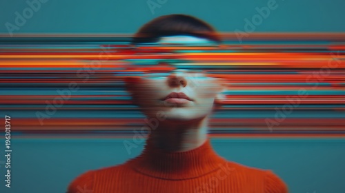 A portrait of a woman in an orange sweater with her eyes obscured by colorful horizontal glitch-like digital distortion.