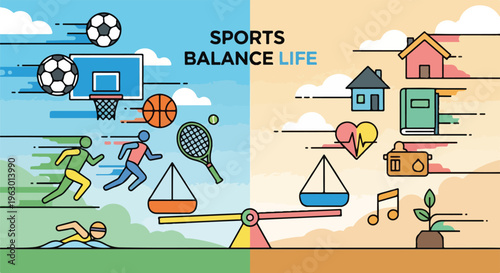 Balanced illustration Sports side & lifestyle side of life in a flat design