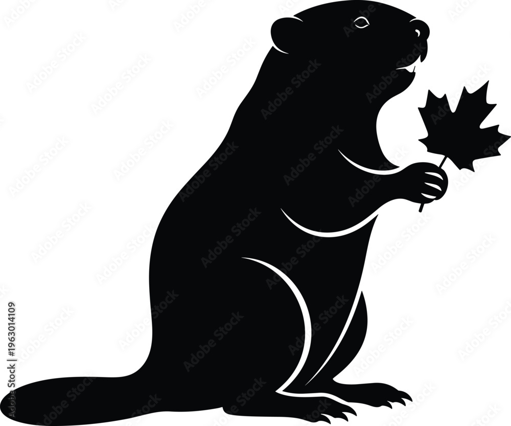Obraz premium Beaver silhouette holding a maple leaf, canada symbol