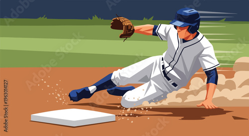Baseball player sliding into a base, with dust and motion lines