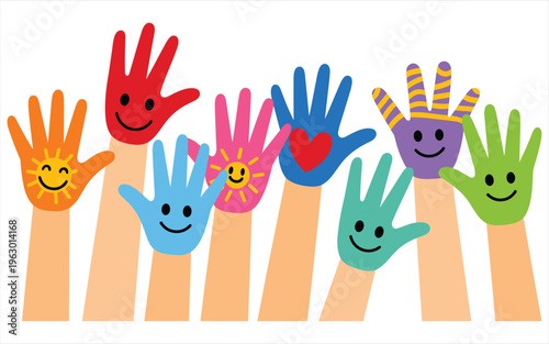 A vibrant illustration of colorful painted children hands raised up with happy faces