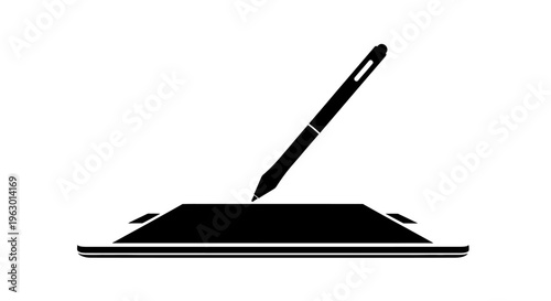 Black silhouette of stylus pen on digital tablet screen with white background symbolizing technology and creativity