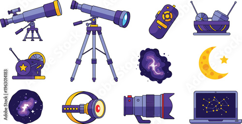 Set of 12 Astronomy and Space Exploration Icons Including Telescopes, Planets, Stars, Camera, and More for Space Science, Observation, and Astrophotography Designs