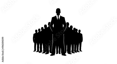 Silhouette of a confident leader standing in front of a group of people, representing business leadership and teamwork.