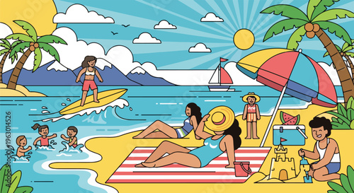 Beach scene with people enjoying the sun, sand, and water