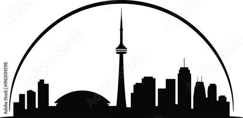 Toronto skyline silhouette under dome arch and cn tower with cn tower