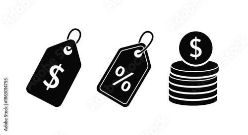 Black silhouettes of price tags coins and a dollar sign silhouette