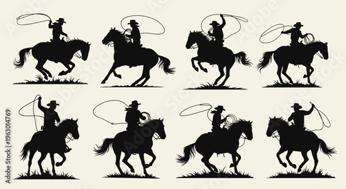 Silhouette of cowboy lassoing horse.