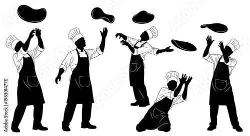 Silhouette of chefs tossing pizza dough.