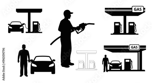 Silhouette of gas station worker refueling.