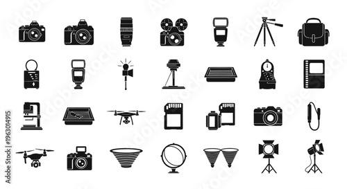 Collection of black and white photography and filmmaking icons including cameras tripods and editing tools on a plain white background