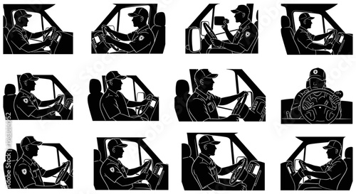 Silhouette of people driving cars.