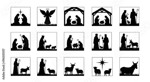 Nativity scene silhouette set christmas icons religious symbols black and white illustrations holiday graphics