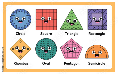 Educational poster featuring colorful cute cartoon geometric shapes with friendly faces for children learning