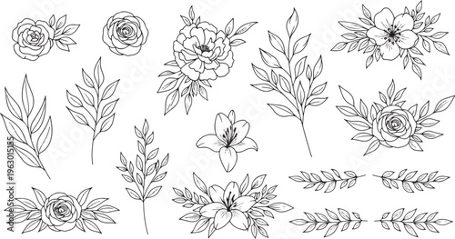 Set of black and white floral vector illustrations featuring vintage style flowers leaves and decorative botanical elements